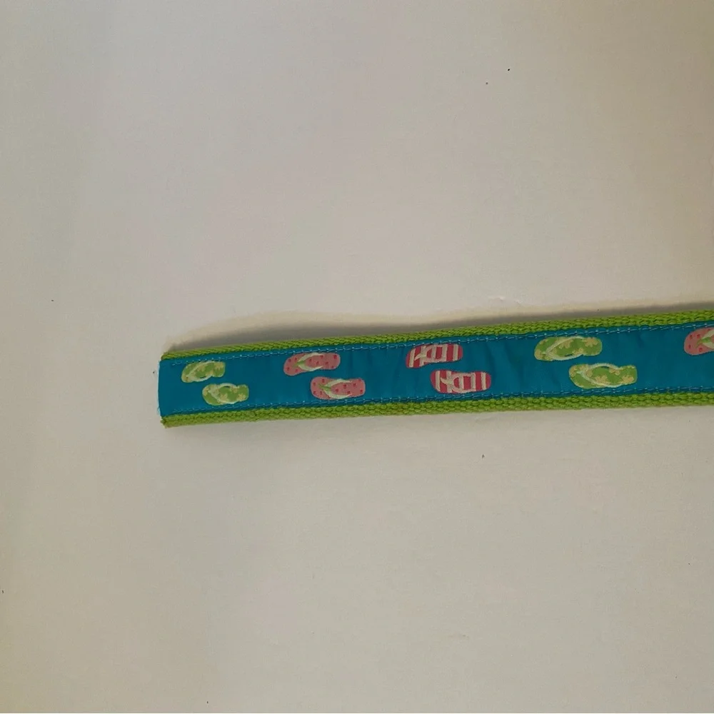DOUGLAS PAQUETTE BELT GREEN CANVAS WEBBING BLUE FLIP FLOP RIBBON SIZE L USA